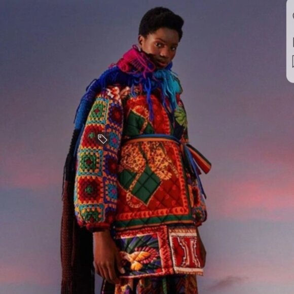 Farm Rio Crochet Sleeve Puffer Jacket Patchwork Tapestry Winter Tropical Longlin - Picture 15 of 15